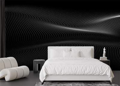 Flowing dots particles wave pattern 3D curve halftone gradient curve shape isolated on black background. Vector in concept of technology, science, music, modern. Wall mural