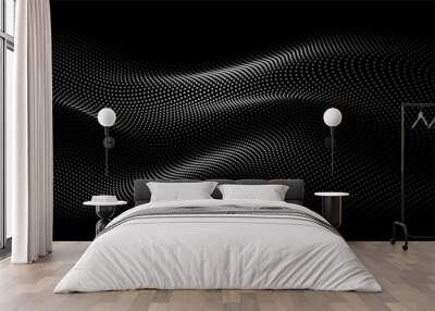 Flowing dots particles wave pattern white light isolated on black background. Vector in concept of technology, science, music, modern. Wall mural