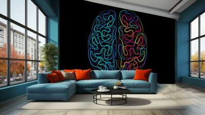 Left right human brain concept. Vector illustration colorful light line doodle isolated on black background. Wall mural