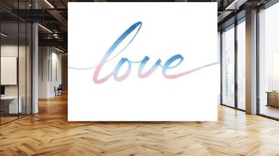 Love lettering text single line handwritten by pink blue watercolor brush isolated on white background  Wall mural