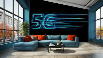 Vector 5G hight speed network technology concept by blue light lines speed motion pattern isolated on black background for banner, logo, symbol. Wall mural