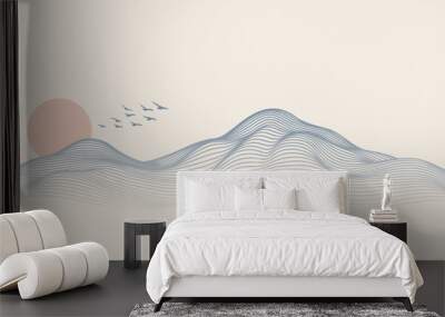 Vector abstract art landscape mountain with birds and sunrise sunset by blue line art texture isolated on white beige earth tone background. Minimal luxury style for wallpaper, wall art decoration. Wall mural