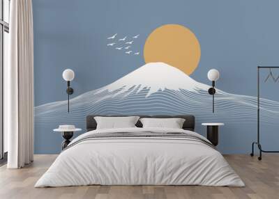 Vector abstract art Mount Fuji Japan landmark, landscape mountain with birds and sunrise sunset by white line art texture isolated on pastel earth tone blue colors background. Minimal style. Wall mural