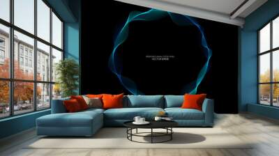 Vector abstract circle frame with wave lines pattern flowing in blue green colors isolated on black background in concept of music, technology, ai Wall mural