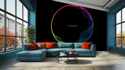 Vector abstract circles lines wavy in round frame colorful light rainbow isolated on black background with empty space for text Wall mural