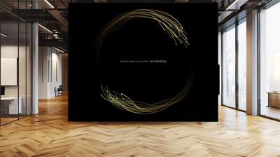 Vector abstract circles lines wavy swirl in round frame gold light isolated on black background with empty space for text in luxury style. Wall mural