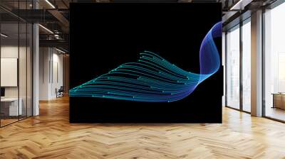 Vector abstract light lines wavy flowing dynamic in blue green colors isolated on black background for concept of AI technology, digital, communication, 5G, science, music Wall mural