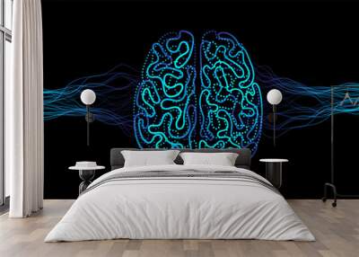 Vector illustration left right human brain blue light and neural network wavy line isolated on black background in concept of A.I. artificial intelligence technology, machine learning, neuroscience Wall mural