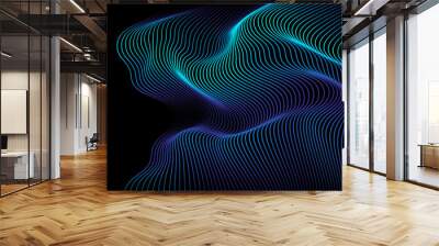 Vector wavy lines pattern smooth curve flowing dynamic blue green gradient light isolated on black background for concept of technology, digital, communication, science, music. Wall mural