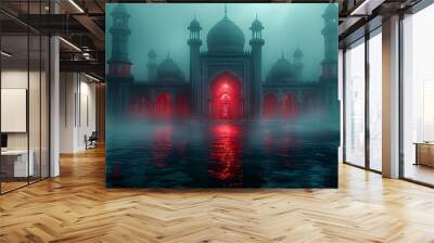 3D illustration of mosque in the fog with reflection in the water   Wall mural