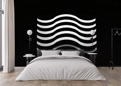 3D rendering of a black reflective background with white curved stripes in the middle Wall mural