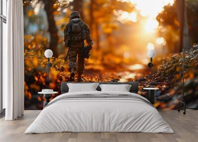 Army soldier walking in the autumn forest. Selective focus. Shallow depth of field.  Wall mural