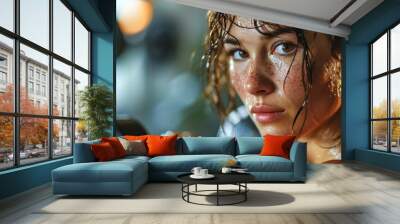 Close-up portrait of beautiful young woman with wet hair and sweat, lifting dumbbells in the gym
 Wall mural