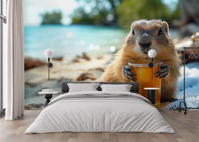 Cute marmot with a glass of juice on the beach. Wall mural