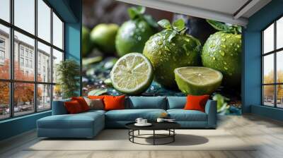 Fresh apples and lemons with water splashes on a dark background.  Fresh limes with water drops on rustic wooden table, selective focus.  Wall mural