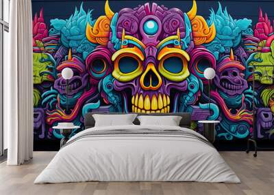 Mural art in the streets of Mexico City. Perfect symmetrical graffiti doodle art on Tucson Street Wall, colorful neon glowing on the wall, skull pattern. Wall mural