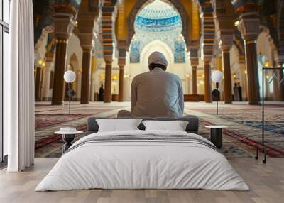 Muslim man praying inside of the mosque. Ramadan Kareem background. Wall mural