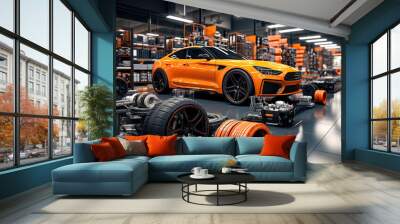 Orange sports car in the auto repair shop. 3D rendering.
 Wall mural