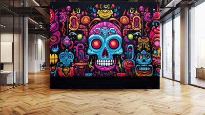 perfectly symmetrical graffiti doodle art in Tucson Street Mural, neon glowing colorful, on wall, coloring book, skull pattern, vivid colors gouache Wall mural