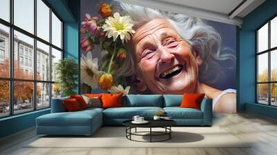 Portrait of a smiling elderly woman with a wreath of flowers on her head.  Wall mural