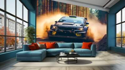 Racing car on a dirt road in the forest. Concept of extreme sport. Racing car on a muddy road in the forest. Concept of extreme sport. Wall mural