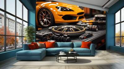 Set of spare parts for sports car in the garage. Car parts in auto repair shop. Auto service concept. 3d rendering of auto parts for sale in a shop or store.  Wall mural