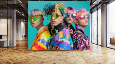 Group of young teen mix gender and ethnicity with colorful rainbow colors. people fashionable hair style, wearing round chrome vibrant reflect sunglasses, vivid patterned jacket. Wall mural