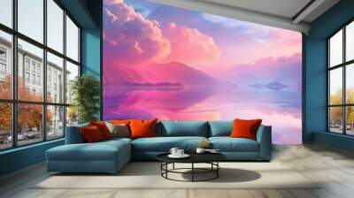 A beautiful landscape with a pink and blue sky and mountains in the background Wall mural