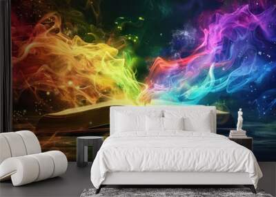 A book is open to a page with a rainbow and smoke Wall mural