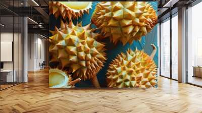 A bunch of durians are shown with one of them being cut open Wall mural