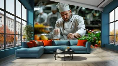 A chef is cooking in a kitchen with a variety of fruits and vegetables Wall mural