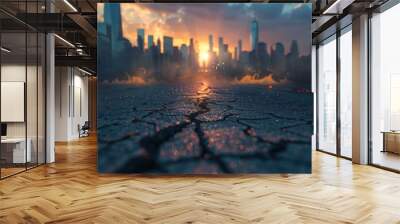 A city skyline with a sunset in the background Wall mural