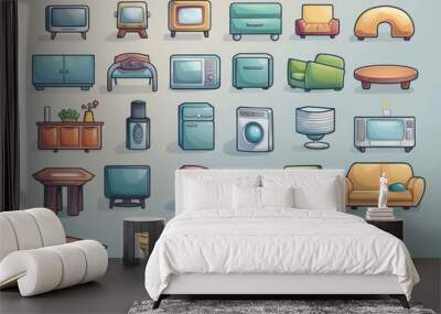 A collection of cartoonish furniture items, including a couch, a chair, a table Wall mural