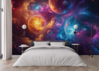 A colorful space scene with three different colored planets Wall mural