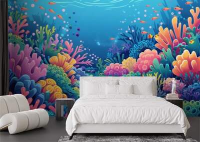 A colorful underwater scene with a variety of sea creatures swimming around Wall mural