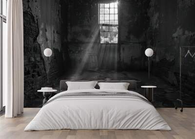 A dark room with a window that is letting in sunlight Wall mural