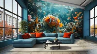 A fish is swimming in a coral reef with many other fish Wall mural