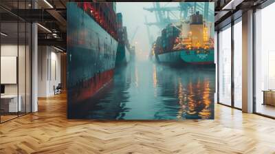 A foggy night with a large ship in the water Wall mural