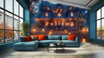 A house with a porch lit up with Halloween decorations Wall mural