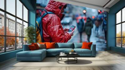 A man in a red jacket is looking at his phone while walking down a wet street Wall mural