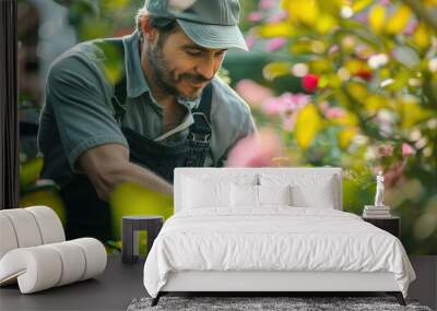 A man is working in a garden, tending to the plants Wall mural