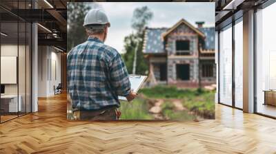 A man wearing a hard hat and plaid shirt is standing in front of a house Wall mural