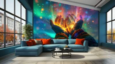 A person holding their hands up in the air, surrounded by a colorful Wall mural