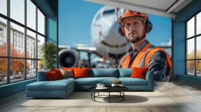 a portrait of an aircraft engineer standing confidently on the tarmac, wearing a reflective safety v Wall mural