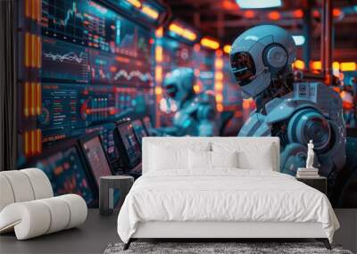 A robot is sitting in front of a computer monitor with a keyboard and a mouse Wall mural