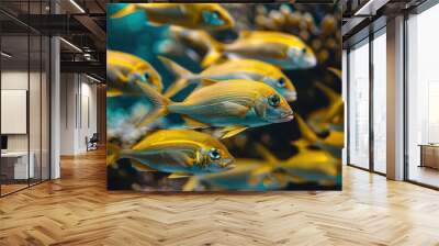 A school of fish swimming in a tank Wall mural