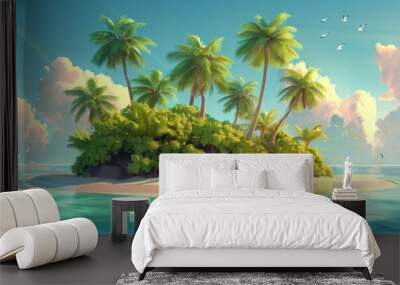 A tropical island with palm trees and a boat in the water Wall mural