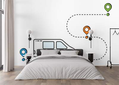 Delivery way. Bus and map icon. Blue, green, orange, white. Wall mural