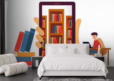 Online library with e-books. Hand holding a mobile or tablet with bookshelves inside. A guy and a girl read books. Vector illustration in modern flat design. Wall mural