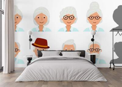 Set Avatar profile isolated. Icons of happy grandparents. Silhouette of a human head. grandmother, grandfather, elderly people. Vector illustration. Wall mural